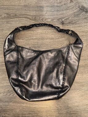 Black/ Silver Metallic Goat Leather Braided-Handle Women’s Hobo Bag